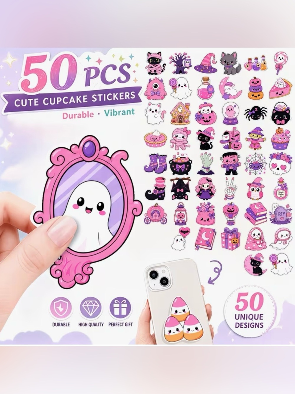 51 Cute Pink Halloween Stickers Ghost Candy Corn Skull Witch Cauldron Black Cat